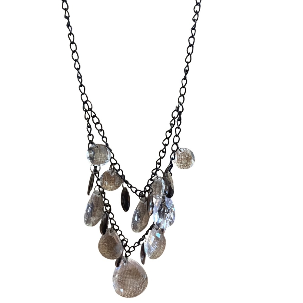 Black Chain Tiered Teardrop Crystal Chandelier Necklace Clear Faceted Charms